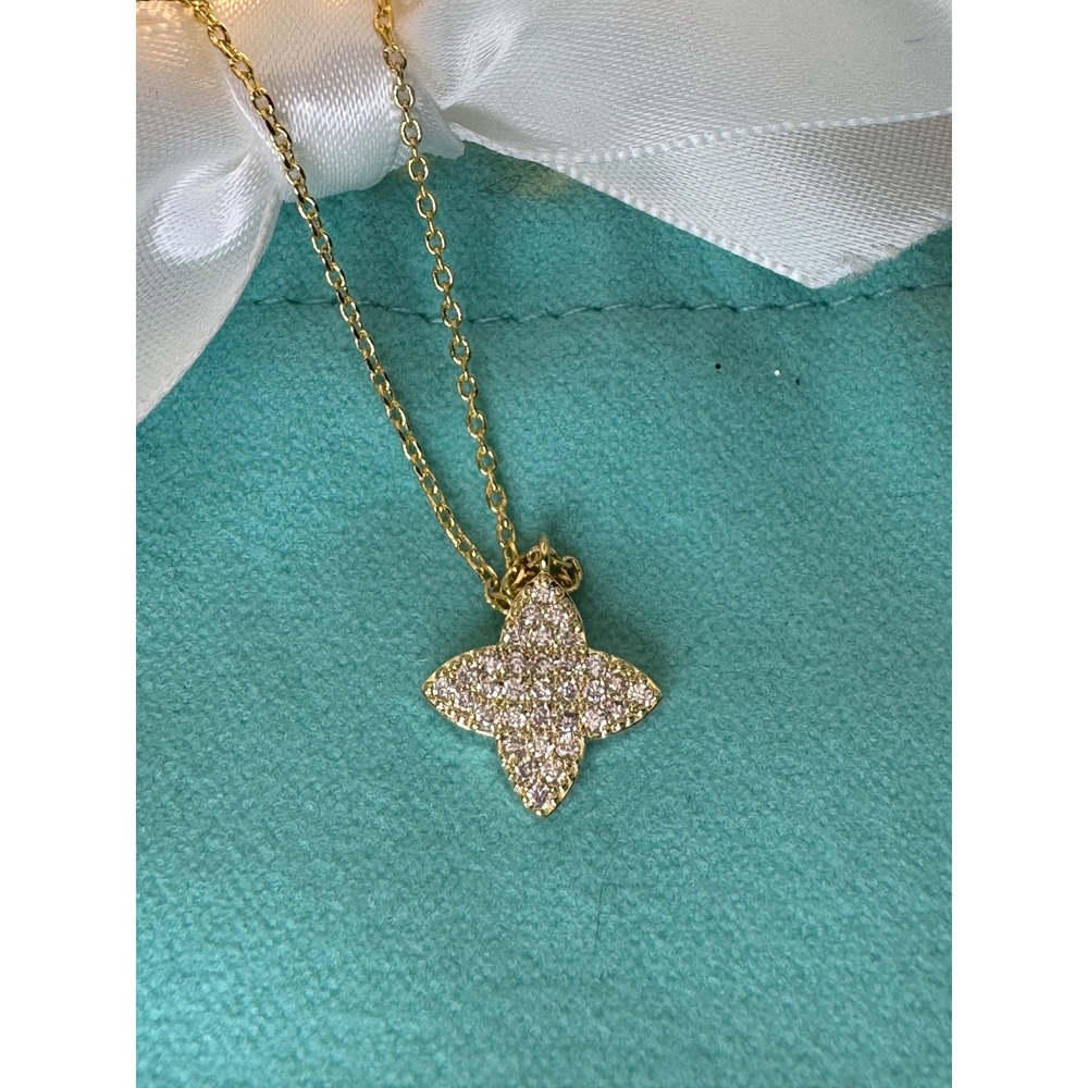 Gold Tone Pave Crystal Four Point Star Flower Pendant Necklace Dainty Sparkle